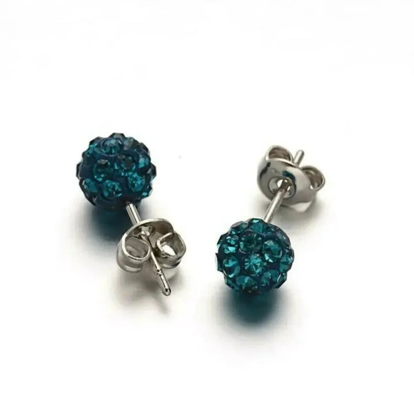 Austrian Crystal Ball Surgical Steel 6mm Disco Stud Clay Earrings Blue Zircon - Picture 1 of 1
